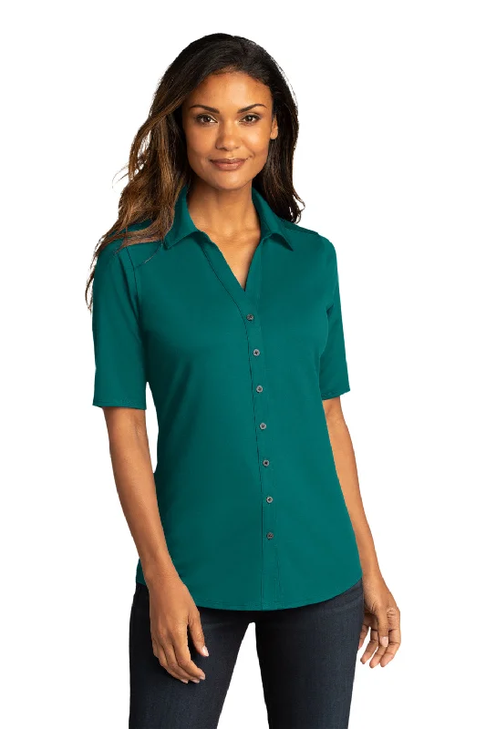 Port Authority Womens City Moisture Wicking Short Sleeve Button Down Shirt - Dark Teal Green