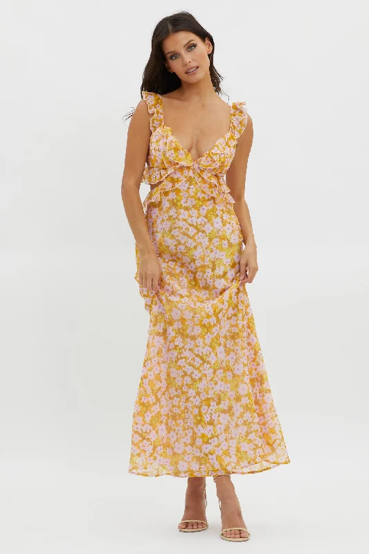 Second Chances Ruffle Trim Maxi Dress Flowers Yellow