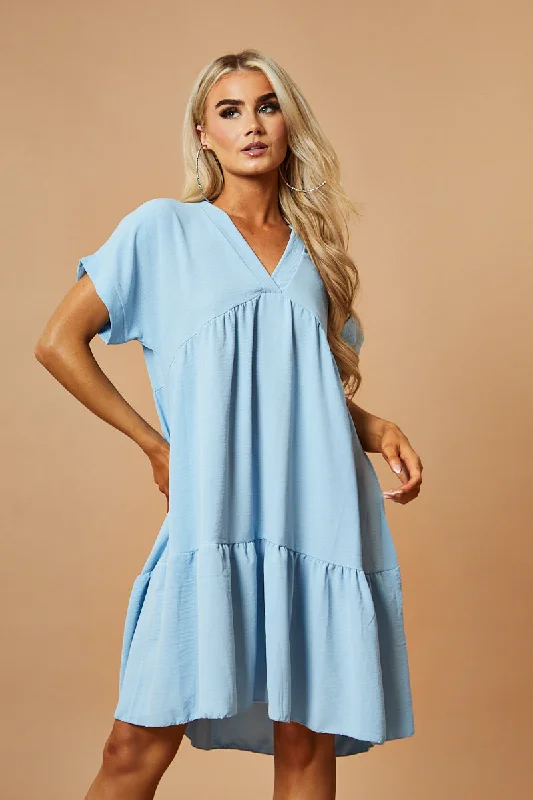 Blue V-Neck Tiered Frill Mini Dress - Kate