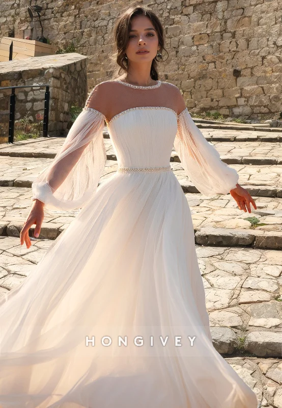 Sheer A-Line Round Long Sleeve Beaded Summer Wedding Dress