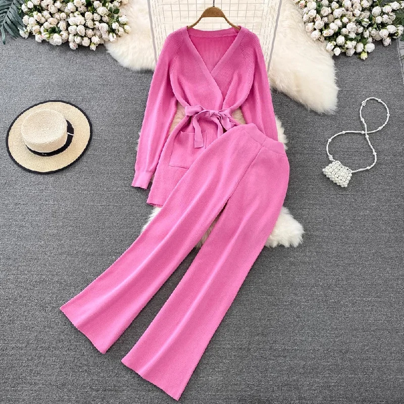 Fashion set V-neck knitted top two-piece set pants    S4195