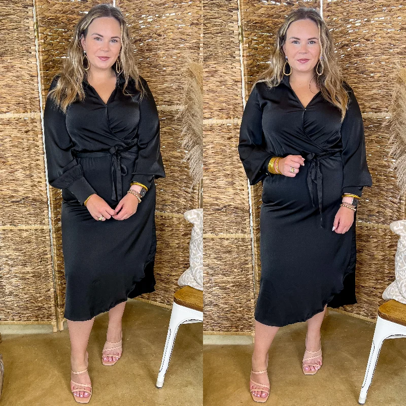 Last Chance Size Small | Big Apple Mindset V Neck Satin Dress with Waist Tie in Black