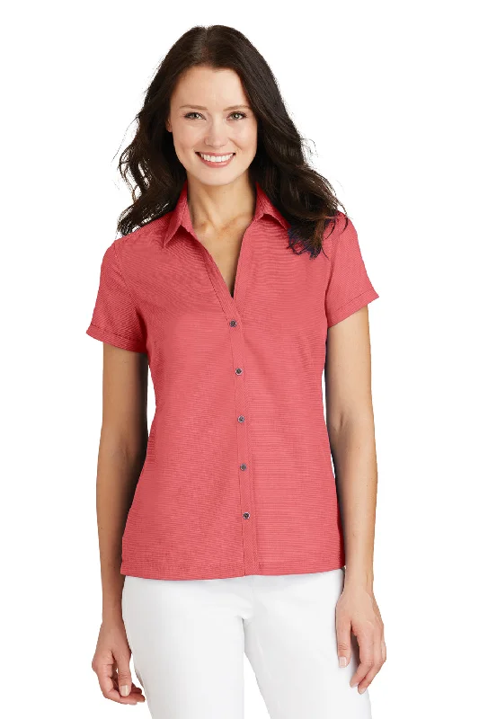 Port Authority Womens Wrinkle Resistant Short Sleeve Button Down Camp Shirt - Deep Coral Pink - Closeout