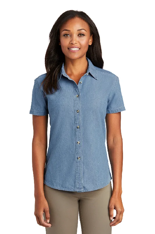 Port & Company Womens Denim Short Sleeve Button Down Shirt - Faded Blue