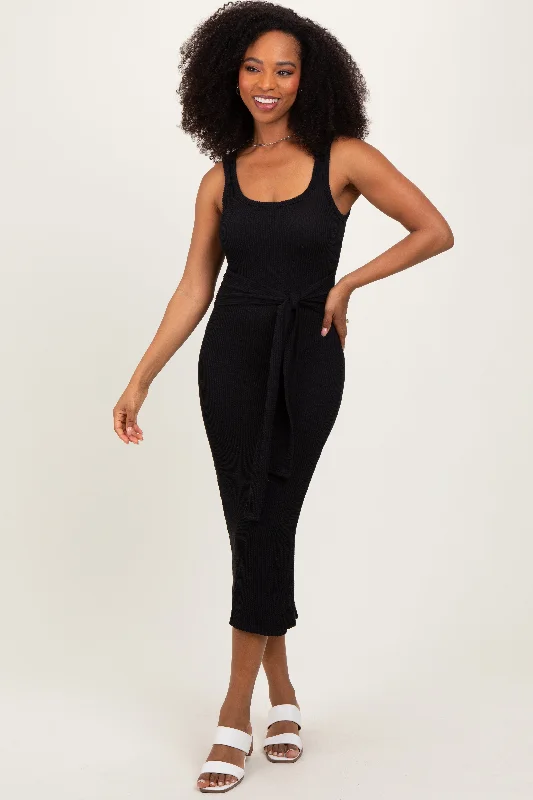 Black Ribbed Front Tie Sleeveless Midi Dress