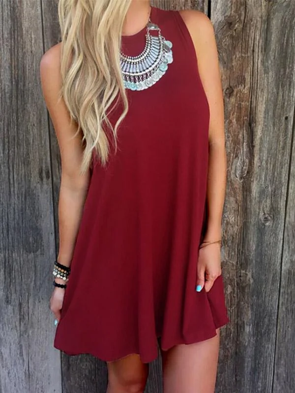 Wholesale Round Neck Plain Sleeveless Flounced Hem Burgundy Mini Dress