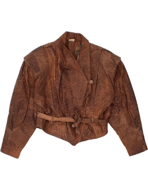 VINTAGE Womens Crop Leather Jacket IT 40 Small Brown Leather