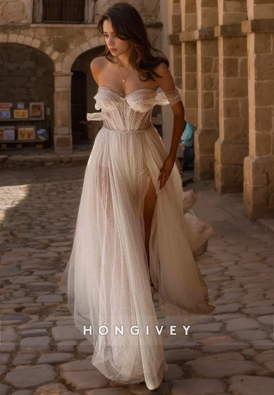 Sweet Off-Shoulder A-Line Wedding Dresses Long Organza Bridal Dress