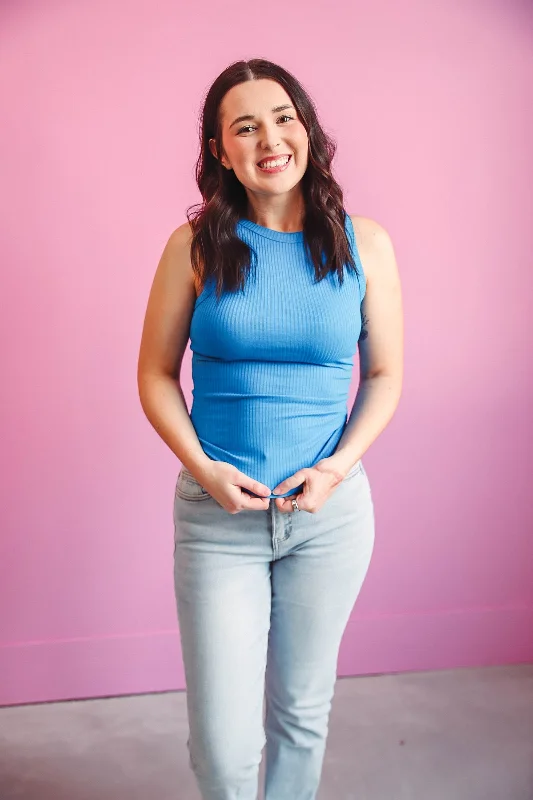 Jess Ribbed Tank-Ocean Blue