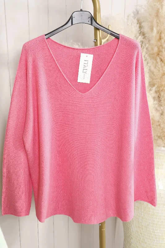 Curved Hem V Neck Jumper Bubblegum