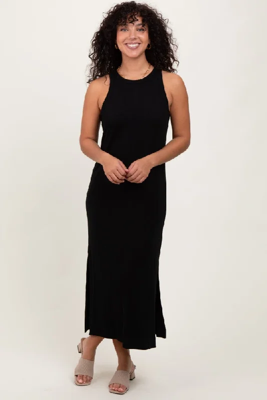 Black Sleeveless Side Slit Midi Dress