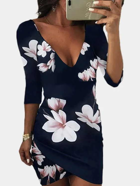 Wholesale V-Neck 3/4 Sleeve Length Floral Print Backless Irregular Hem Mini Dresses