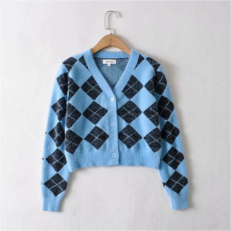 Slim and thickened hippocampal hair V-neck diamond lattice knitted coat  7180