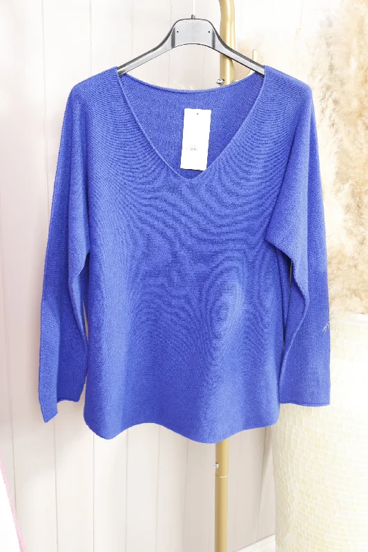 Curved Hem V Neck Jumper Royal Blue