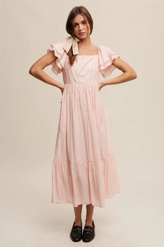 Light Pink Flutter Sleeve Midi Dress