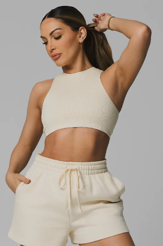 Cream Seamless Ribbed High Neck Crop Top